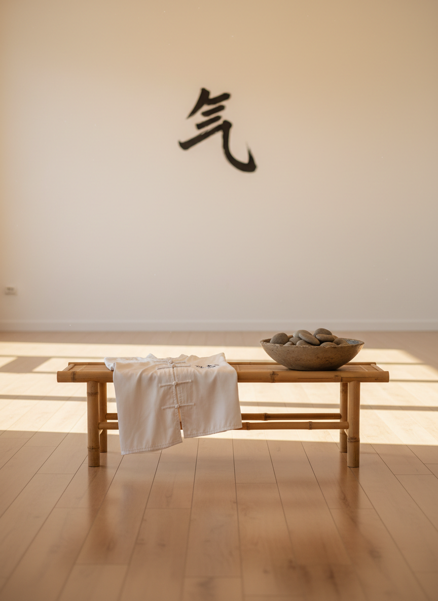 A meticulously arranged Tai Chi practice space in Málaga, featuring a smooth light-wood floor and a single black calligraphy symbol for “Chi” painted on a pristine white wall. In the center, a traditional folded white silk Tai Chi uniform rests neatly atop a bamboo bench, beside a simple ceramic bowl with polished river stones. Soft late-morning Mediterranean sunlight filters through an unseen window, casting gentle, elongated shadows and a warm glow across the room. Photographic realism at eye level, with a clean, modern composition using the rule of thirds and a shallow depth of field to keep the foreground crisp while the background softly blurs, creating a serene, professional atmosphere of calm focus.