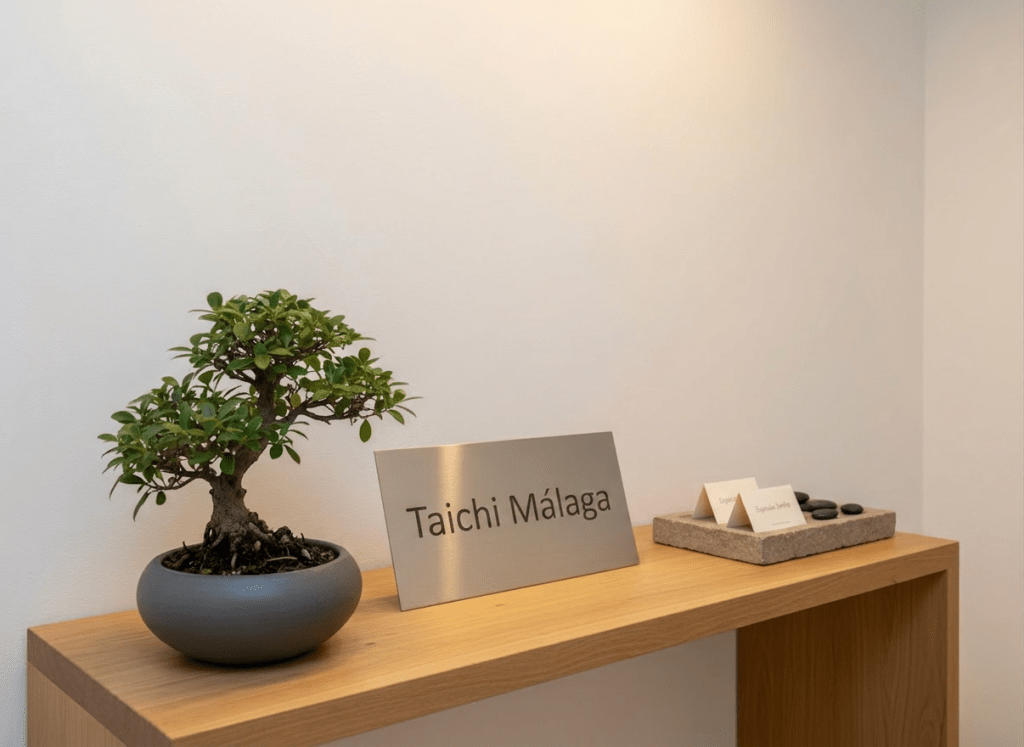 A carefully curated reception corner for a Tai Chi and Shiatsu studio, with a minimalist light-wood console table against a smooth white wall. On the table, a brushed metal sign engraved with “Espacio Senko” leans gently, accompanied by a small bonsai tree in a matte charcoal pot and a rectangular stone tray holding neatly stacked appointment cards. Warm, indirect ceiling lighting creates a soft, even glow, glinting subtly off the metal sign and emphasizing clean lines. Shot in photographic realism at a slightly elevated angle with balanced composition and sharp focus throughout. The mood is calm, orderly, and professional, conveying trust and elegance in a modern wellness space in Málaga.