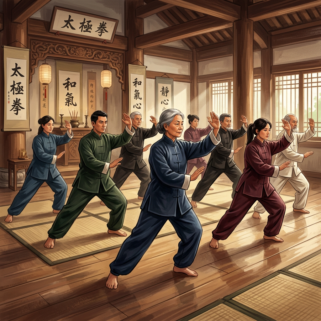 Seven people practicing Tai Chi in a traditional wooden dojo with scrolls and lanterns